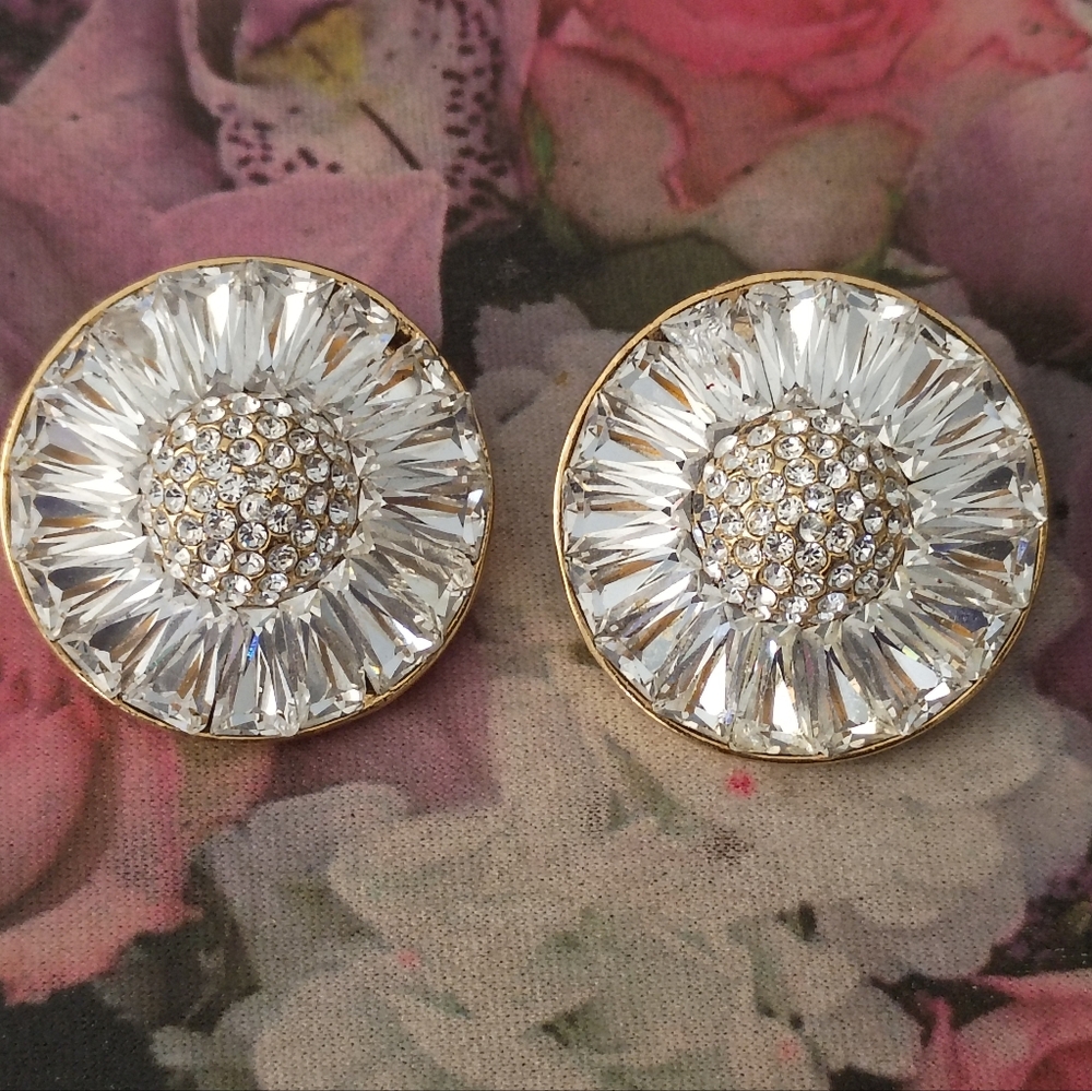 ❤️JARIN USA BAGUETTE RHINESTONE CLIP EARRINGS SIGNED CARTOUCHE